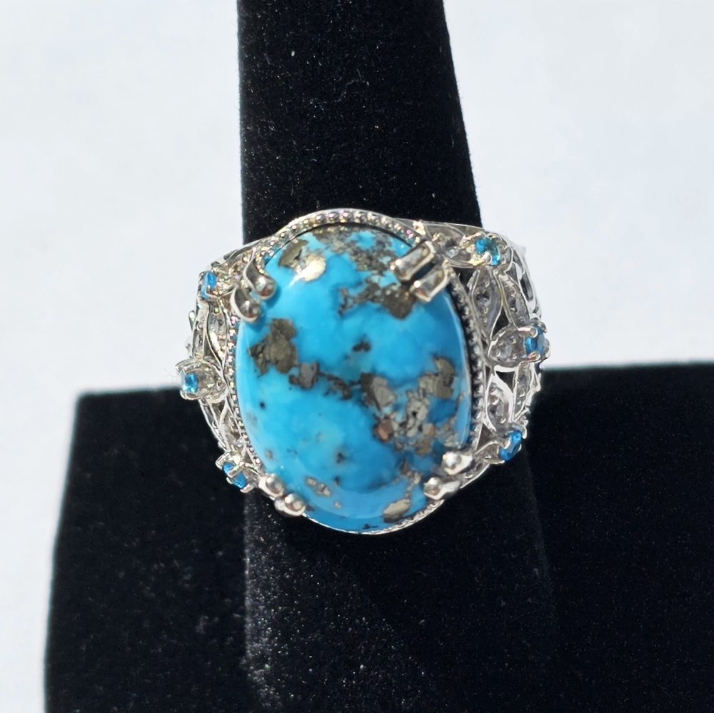 Genuine Turquoise & Neon Apatite 💍 w/White Sapphires in Platinum/925 Size 9 - Picture 5 of 12